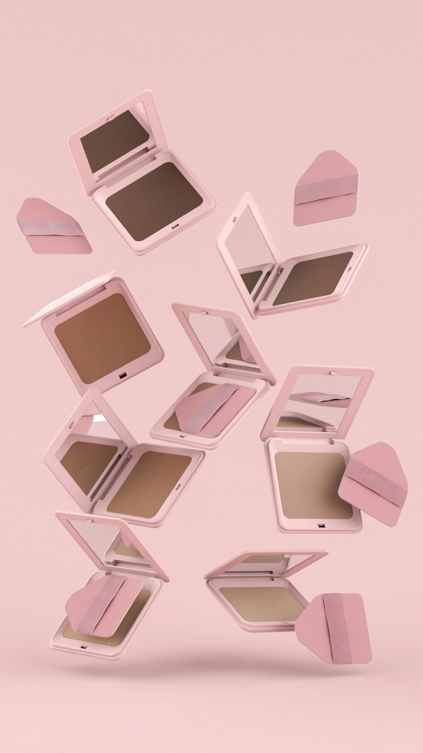 Cosmetic product packaging arranged on a pale pink background.