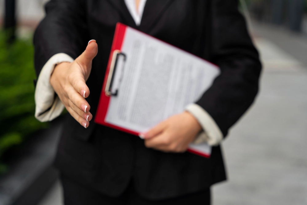 A friendly person offering her hand to shake, holding a document.